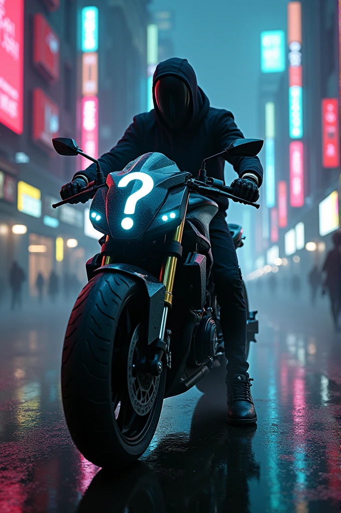 Question mark riding a motorbike