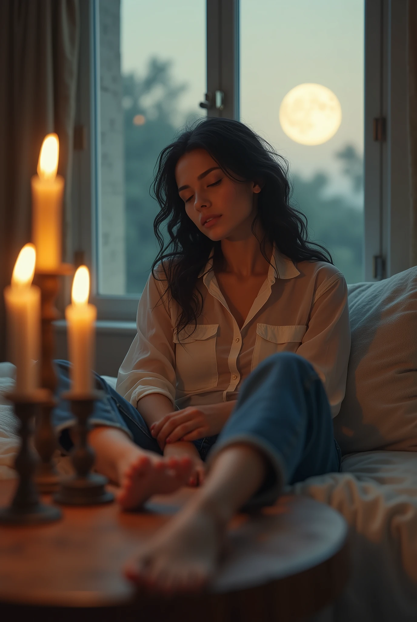 (Work of art) (very realistic) (very detailed) (Image 4K HD) beautiful woman, beautiful big feet, beautiful nose and mouth, thin face, barefoot, long curly black hair, transparent button-down shirt and jeans, eyes closed, sleeping like a child, open window, bright moon, candles lit on the table. An image like a painting by Leonardo da Vinci. The front scene
