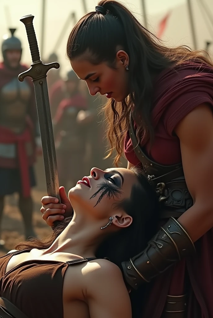 Realism, super quality, action photography style, a defeated woman kneels, her son holds the tip of his sword to the woman&#39;s throat, knife stab in the throat, Her head is thrown back strongly.., the woman has a large manly Adam&#39;s apple, (woman - 30 year old warrior, Woman&#39;s face, gothic makeup, pale skin, long hair) (son is ) The Roman Empire is fighting