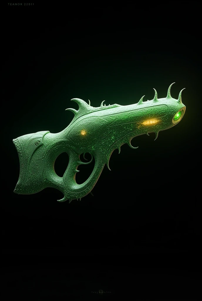 Create an image of an alien long-range firearm in green with a black background so that you can see the entire weapon