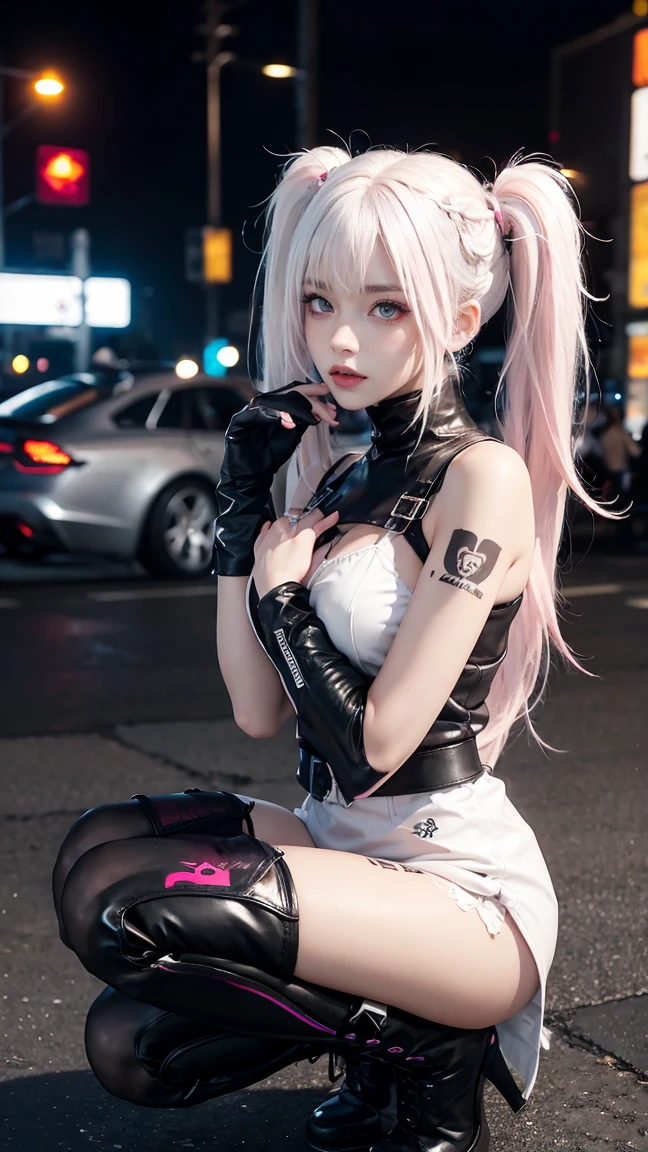 German_fashion, 1 woman, tattoo, drill, Heterochromia, Twintail, white_hair, light pink_hair, cyberpunk, colorful, Long black boots, glove
