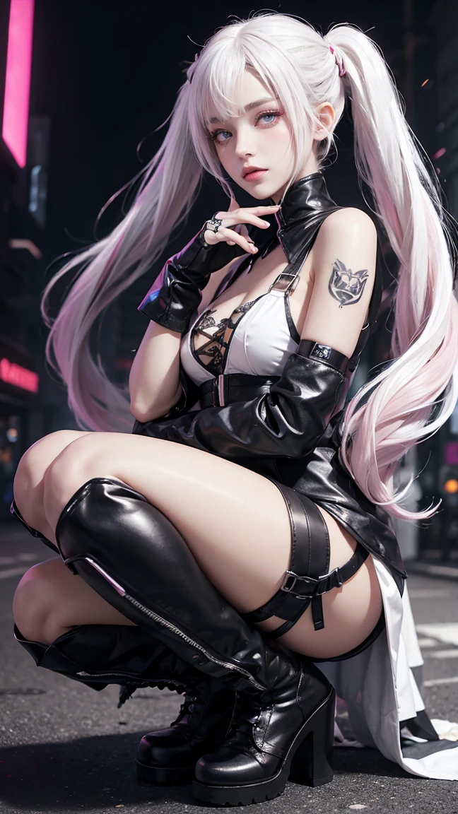 German_fashion, 1 woman, tattoo, drill, Heterochromia, Twintail, white_hair, light pink_hair, cyberpunk, colorful, Long black boots, glove
