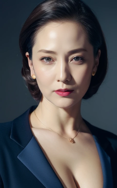 masterpiece,best quality, (1 milf), ((portrait:1.5)), makeup, glossy blue blazer, elegant black shirt, touch own breasts, slicked back hair, ((seduction expression)),