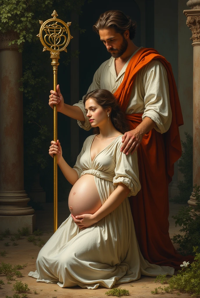 A pregnant woman kneeling, In one hand he holds a staff in the shape of the symbol of health., and has a man behind him, back to back, The man has one hand helping the woman hold the staff, Renaissance style, The man is back to back with the woman, The woman has one hand holding earth