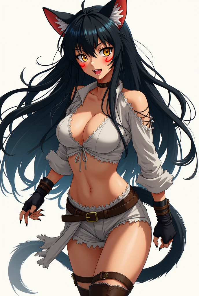 An anime girl with cat ears, very long black hair with bangs similar to Inuyasha's, with big golden eyes with fangs and claws with two red stripes that look like claws on her cheeks., with torn clothes that reveal parts of his body and leather boots