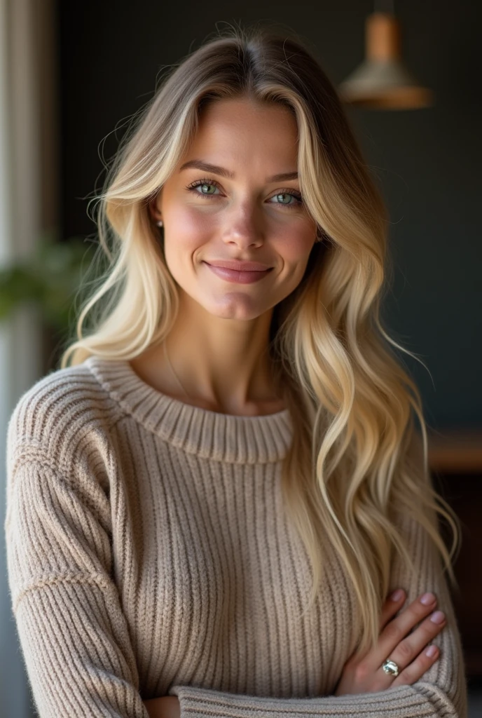 Portrait of a model woman with blond hair in a warm designer sweater, in the style of branded clothing, With the sweater in sight, Panasonic GH5, happy expressions, discreet image, sharp texture - Image #2 @Throw Throw