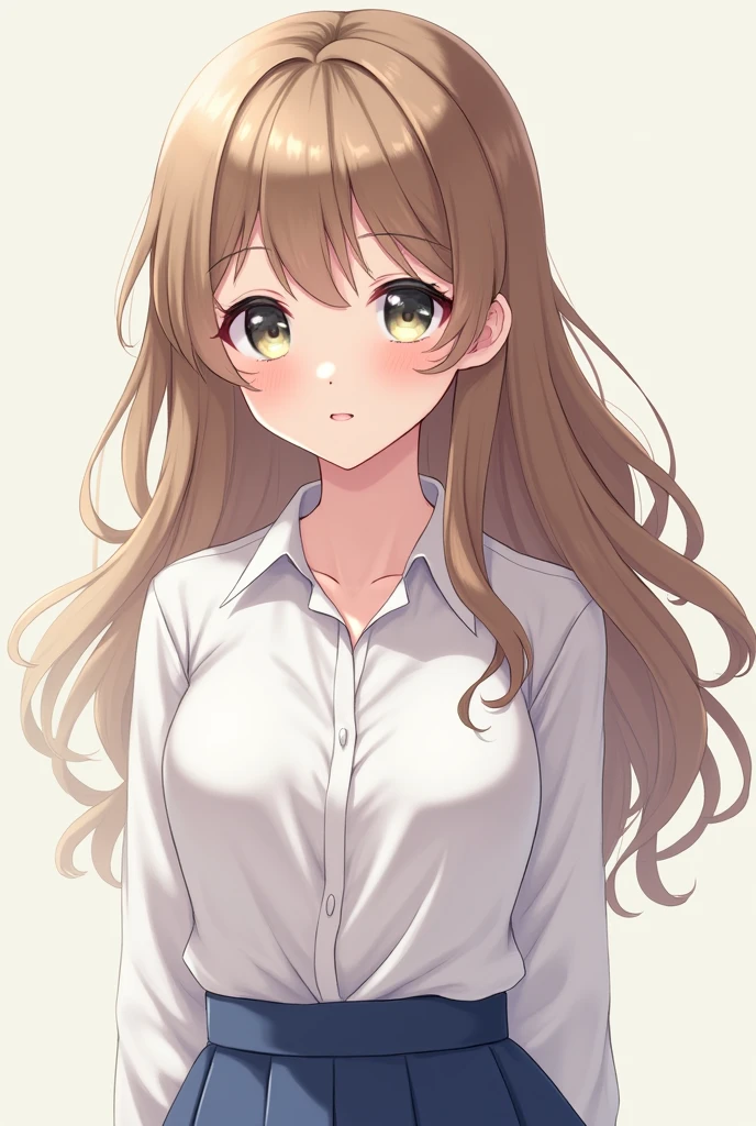 Anime image of an 1 girl, perfect face, Masterpiece, good, white shirt, Long curly light brown hair, Blue skirt