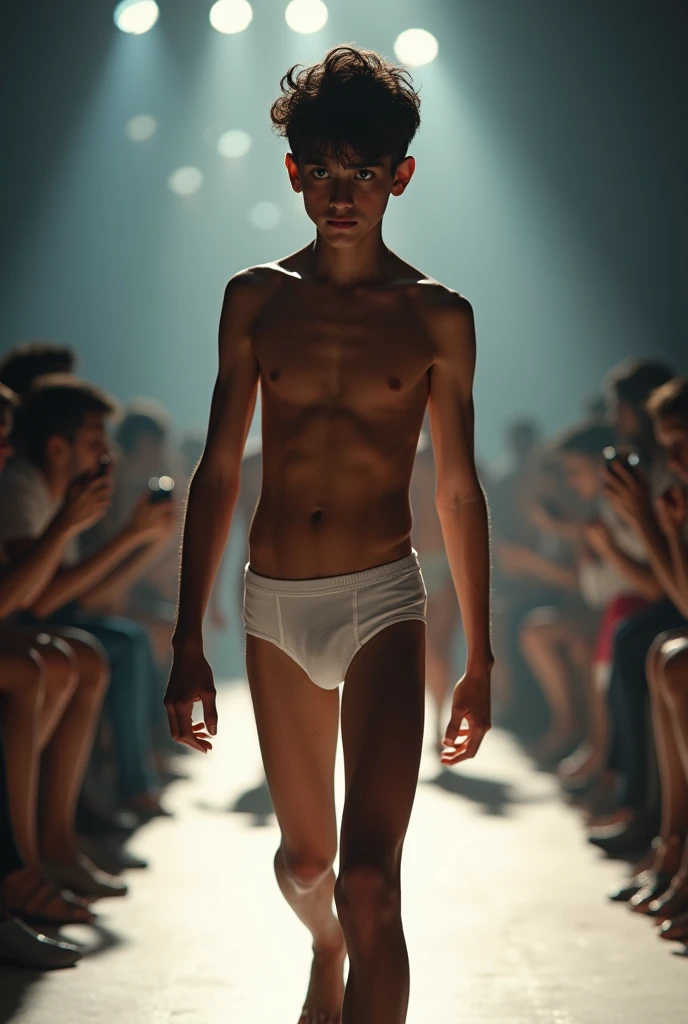 Indian teenage  twink cute boy in white v shaped underwear nude fashion ramp walk exposed crying infront of audience 