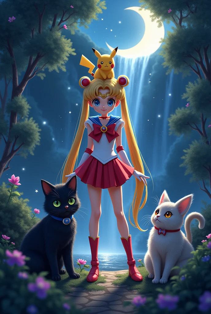 A dark sparkling natural setting with a crescent moon and a waterfall. Sailor Moon is in the middle. On the left sits a fluffy black cat with green eyes. In front of her lies a fluffy grey cat with amber eyes. Little Pikachu sits on her shoulders