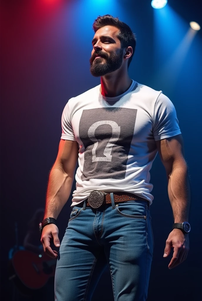 A handsome mature Iranian boy with a beard wearing tight blue jeans and a white printed t-shirt with a tight cowboy belt buckle, looking like a muscular model singing a song on stage having perfect protruding bulge and . and your figure is so stunning..