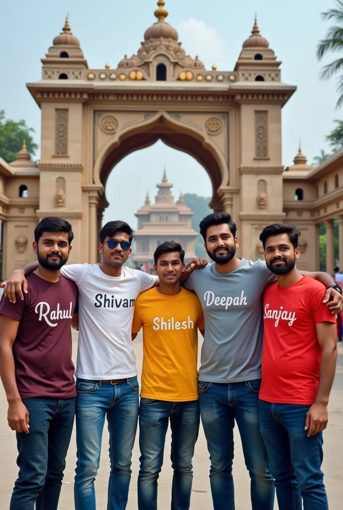 5 friends standing at the gate of Khatu Shyam's rings, one has Rahul written on his chest, second has Shivam written on his chest, third has Akhilesh written on his chest, fourth has Deepak written on his chest and fifth has Sanjay