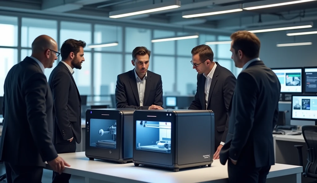 Create an image of a business setting where professionals are evaluating and selecting high-quality 3D printers. Include elements like detailed 3D printer models, technical specifications on display screens, and professionals discussing or reviewing the printers. The scene should convey a sense of reliability, technology, and informed decision-making for business use