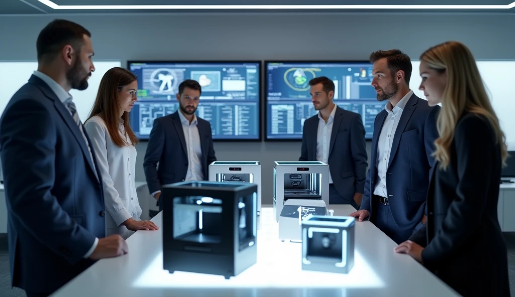 Create an image of a business setting where professionals are evaluating and selecting high-quality 3D printers. Include elements like detailed 3D printer models, technical specifications on display screens, and professionals discussing or reviewing the printers. The scene should convey a sense of reliability, technology, and informed decision-making for business use