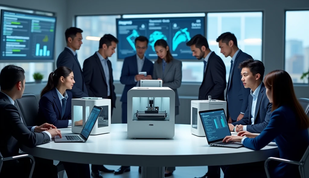 Create an image of a business setting where professionals are evaluating and selecting high-quality 3D printers. Include elements like detailed 3D printer models, technical specifications on display screens, and professionals discussing or reviewing the printers. The scene should convey a sense of reliability, technology, and informed decision-making for business use