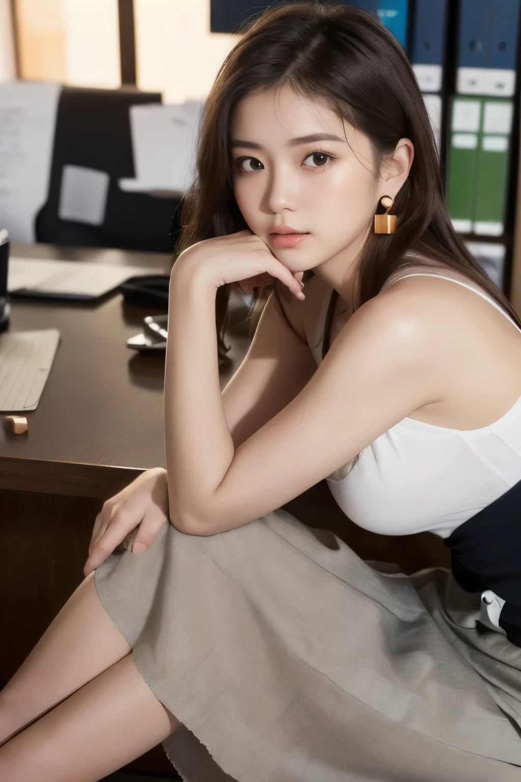 ((Realistic Sunlight, 8k, Best Quality, Masterpiece: 1.5, Illustration, Ultra-detailed, finely detail, high resolution, 8K Wallpaper, Perfect dynamic composition, Beautiful detailed eyes)), ((Maxi skirt:1.8)), Natural Color Lip, (office:2.0),24 years girl, shiny sweaty skin:1.4, ((beautiful detailed face and eyes:1.5)),((Highly detailed face and skin texture, Highly detailed lip texture, Raw Photo)), (Very Delicate and Cute Japanese Girl:1.5), (1 girl), Perfect Style, necklace, earrings, realistic shadows, from side, ((focus on sexy legs:1.5))