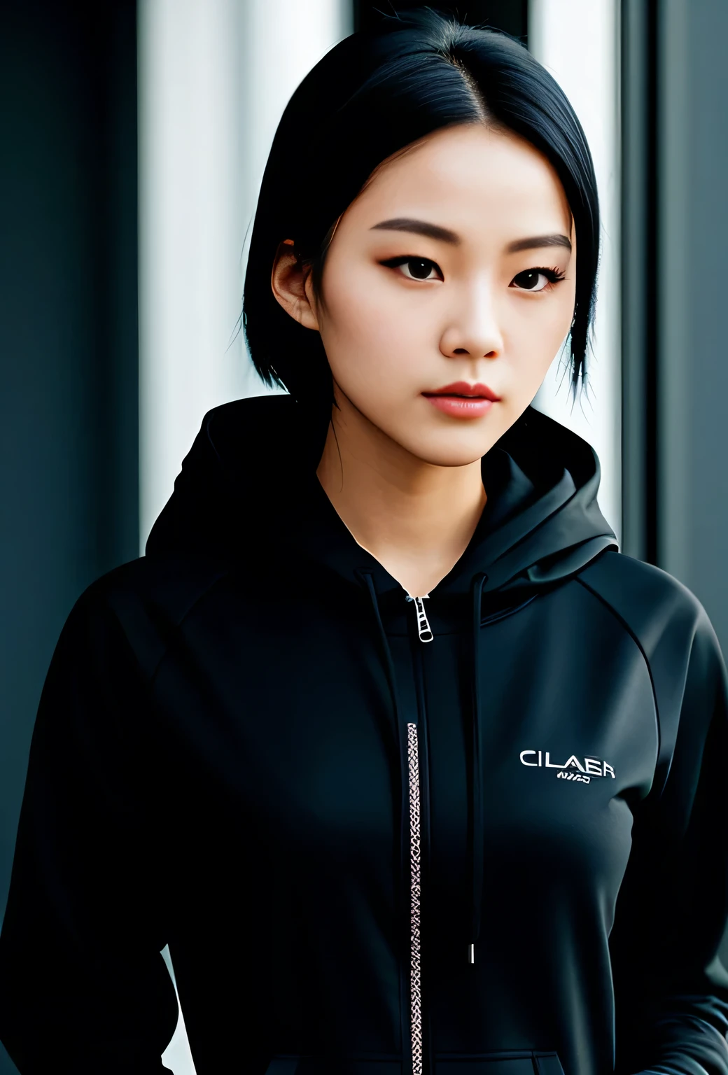 A beautiful cyber hacker from Hong Kong, dressed in all black with a sleek black hoodie. Her captivating black eyes and silky black hair add to her mysterious allure. Cloaked in darkness, she operates with precision and stealth, her beauty matched only by her intelligence and danger.