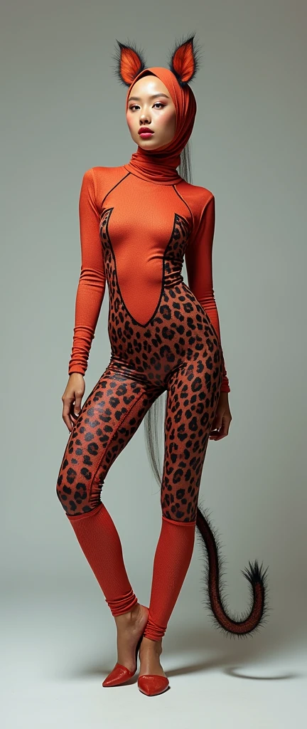 a beautiful asian muslimah woman with beautiful cheeks wears wild boar lycra turtleneck unitard catsuit with tail.She always wear wild boar lycra dancewear hijab with ears.




