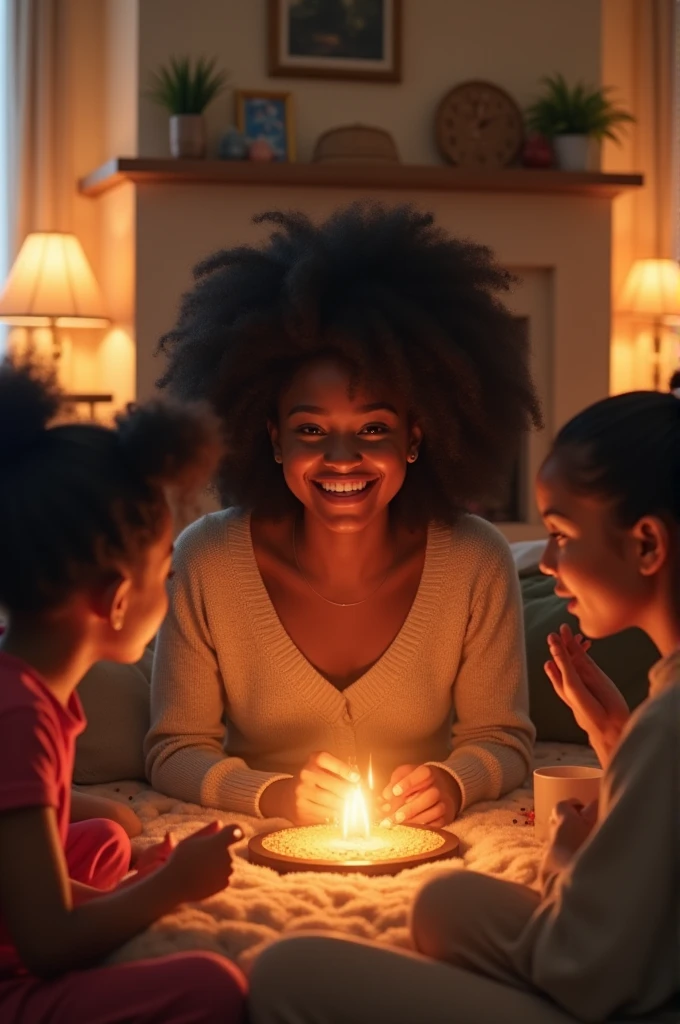 A young black woman in a cozy setting, smiling and interacting with friends and family.