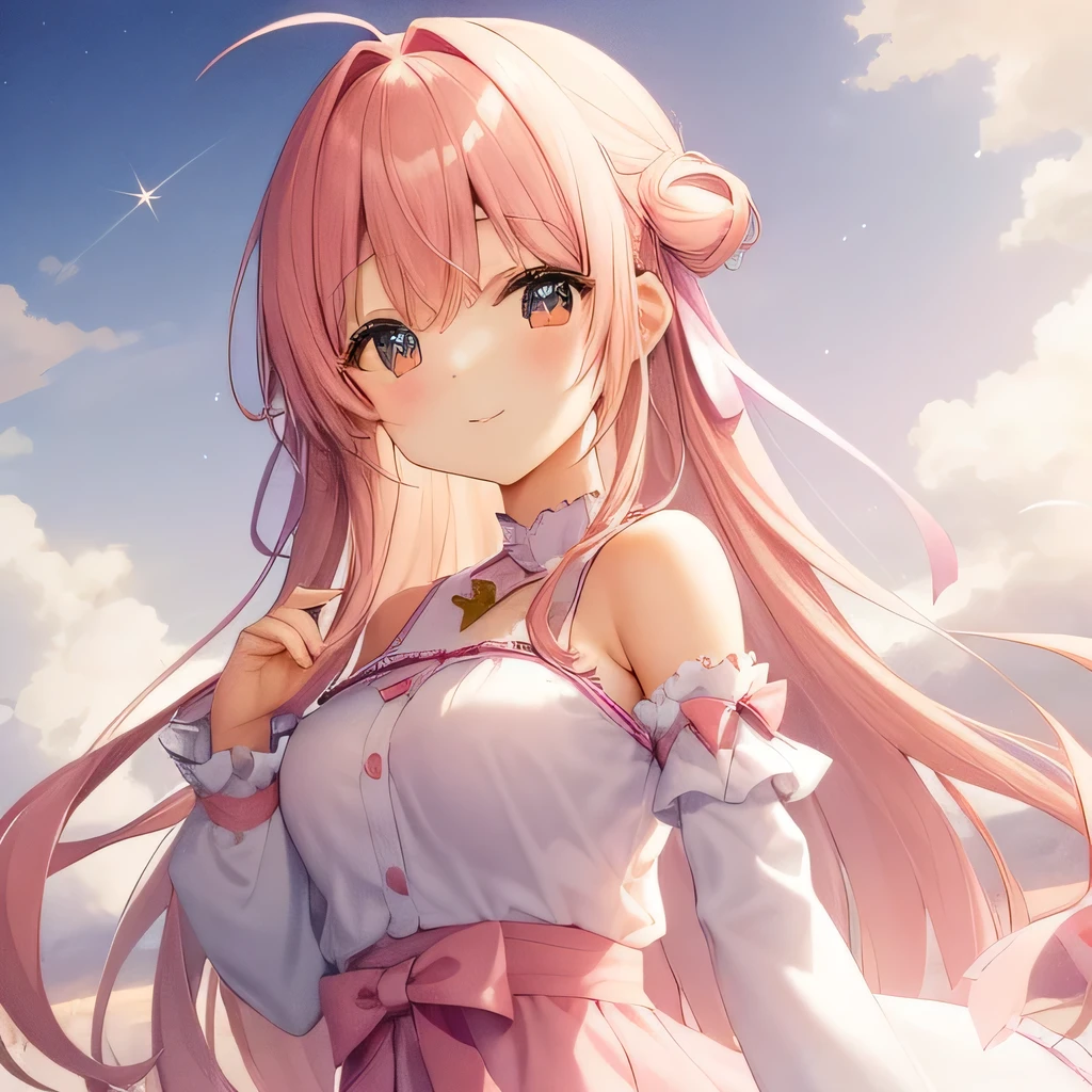 Angel、Wrapped in a soft pastel color background、愛らしいAngelのキャラクター。Angelは小さな白い翼を持ち、She has a gentle smile。She has a heart-shaped arrow in her hand、The arrow symbolizes the power of love.。Pale pink and purple clouds float in the background.、Stars and little hearts are shining。Angelの周りには花びらが舞い、The warm light that symbolizes love and happiness shines.。The overall tone is romantic.、It's an atmosphere full of love and kindness.。