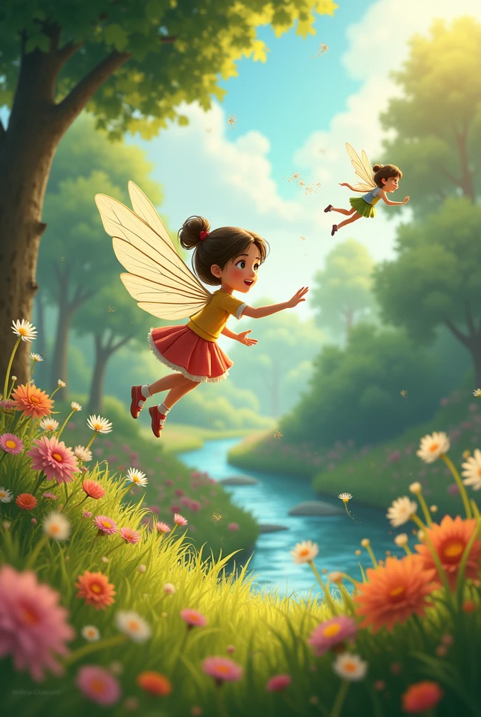 Ria a young and the Fairy playing together: Imagine a scene where Ria the young girl and the fairy are flying on a dandelion seed through the garden.I am animated characters