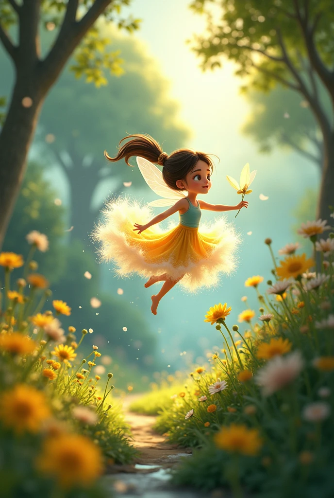Ria a young and the Fairy playing together: Imagine a scene where Ria the young girl and the fairy are flying on a dandelion seed through the garden.I am animated characters