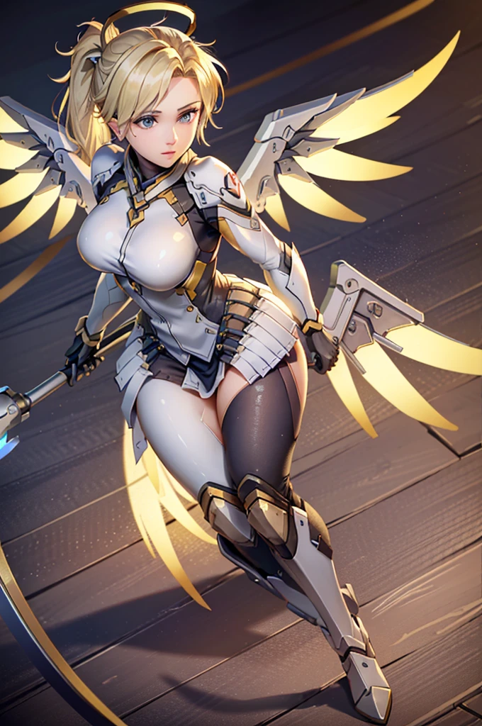 MercyOver, 1girl, mercy (overwatch), mechanical wings, mechanical halo, solo, blonde hair, wings, blue eyes, halo, staff, yellow wings, breasts, bodysuit, holding, upper body, lips, looking at viewer, holding staff, medium breasts, spread wings, glowing wings, nose, high ponytail, ponytail, portrait, looking at the viewer