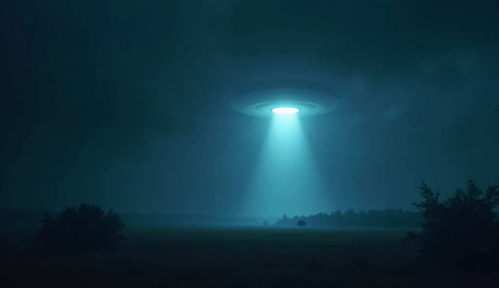 Theme: Very Creepy and Mysterious. Scene Description: A night sky over Roswell, with a UFO disappearing into the horizon, leaving only a glowing light behind. Setting: The horizon is dark, with blue lighting creating an atmosphere charged with mystery and speculation. Start the image at: "One might wonder if we will ever know what truly happened." End the image at: "We can only marvel that these two incidents combined have been not just the gateway to extraterrestrial debates as we know them today."