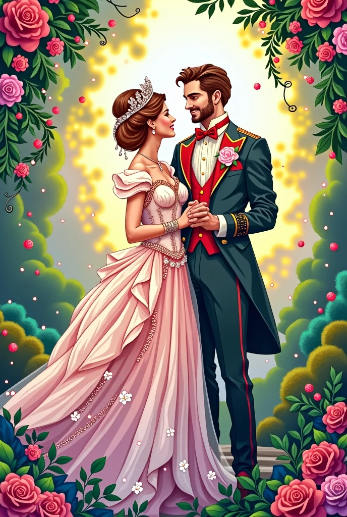 High detail vector drawing of a princess and prince wedding showing their full bodies in the picture. Colorful line art drawing. Vector drawing.