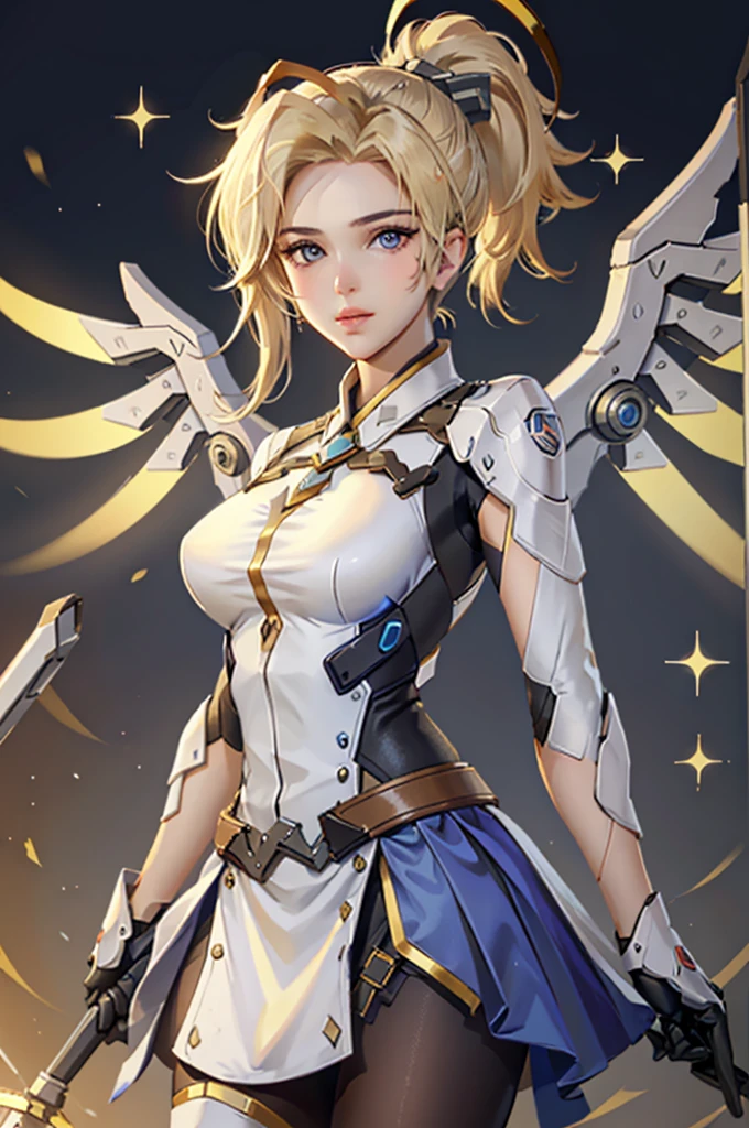 ((face portrait)), MercyOver, 1girl, mercy (overwatch), mechanical wings, mechanical halo, solo, blonde hair, wings, blue eyes, halo, staff, yellow wings, breasts, bodysuit, holding,, lips, looking at viewer, holding staff, medium breasts, spread wings, glowing wings, nose, high ponytail, ponytail, light particles, glitter, fantasy backgrounds, standing, upper body portrait, looking at the viewer,