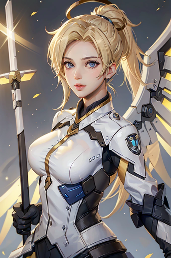 ((face portrait)), MercyOver, 1girl, mercy (overwatch), mechanical wings, mechanical halo, solo, blonde hair, wings, blue eyes, halo, staff, yellow wings, breasts, bodysuit, holding,, lips, looking at viewer, holding staff, medium breasts, spread wings, glowing wings, nose, high ponytail, ponytail, light particles, glitter, fantasy backgrounds, standing, upper body portrait, looking at the viewer,