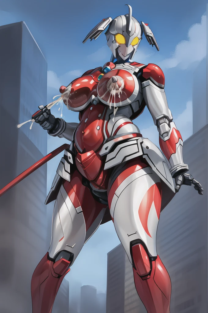 masterpiece,best quality,realistic,1girl,mature female,UltraMarie,armor,glowing,glowing_eyes,helmet,mecha,roboT,twintails,yellow_eyes,huge breasts,wide hips,fighting stance,city,((((Breast milk))))((((pubic hair))))((((milking))))