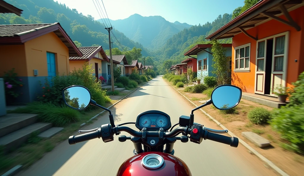 Capture the scenic beauty of a serene ride through a picturesque village, where small, neatly arranged houses line the narrow roads. Each home, though modest, has a unique aesthetic charm, creating a peaceful yet visually stunning atmosphere as you cruise through the countryside, motovlog view