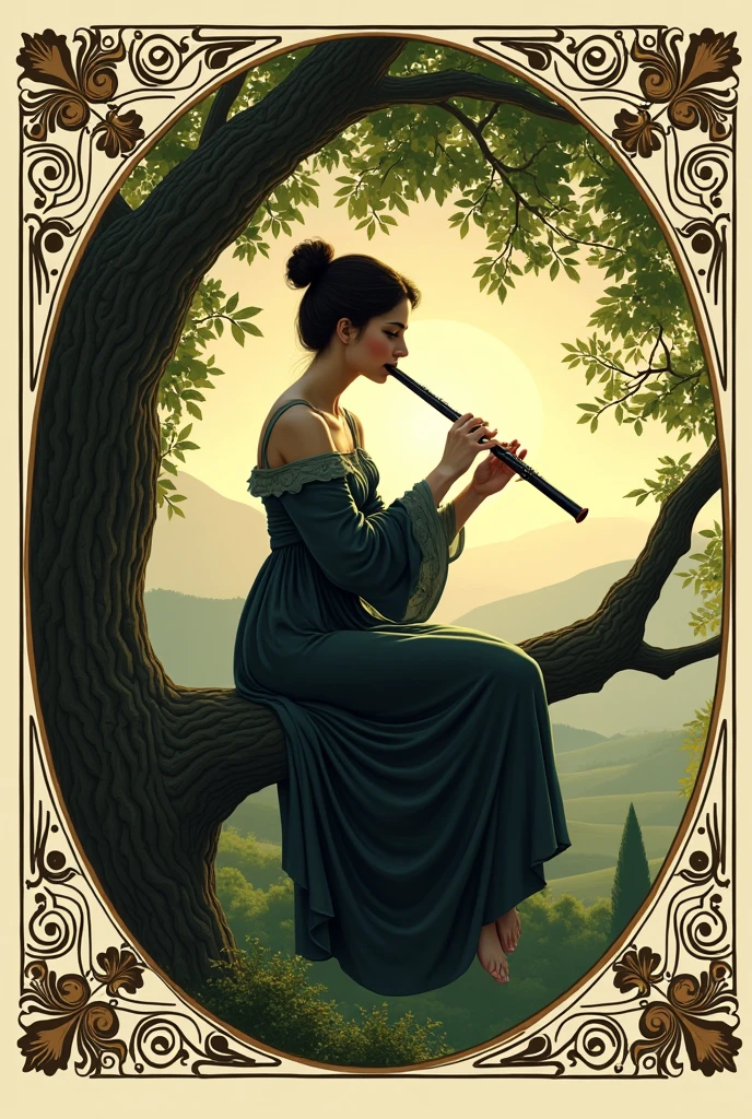 Woman playing the flute with both hands sitting in a tree, Renaissance style.
Very decorated frame, Mucha Style. Seen as a shadow, logo type.