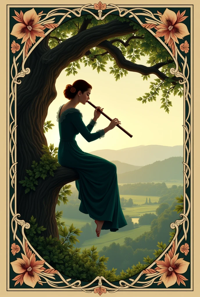 Woman playing the flute with both hands sitting in a tree, Renaissance style.
Very decorated frame, Mucha Style. Seen as a shadow, logo type.
