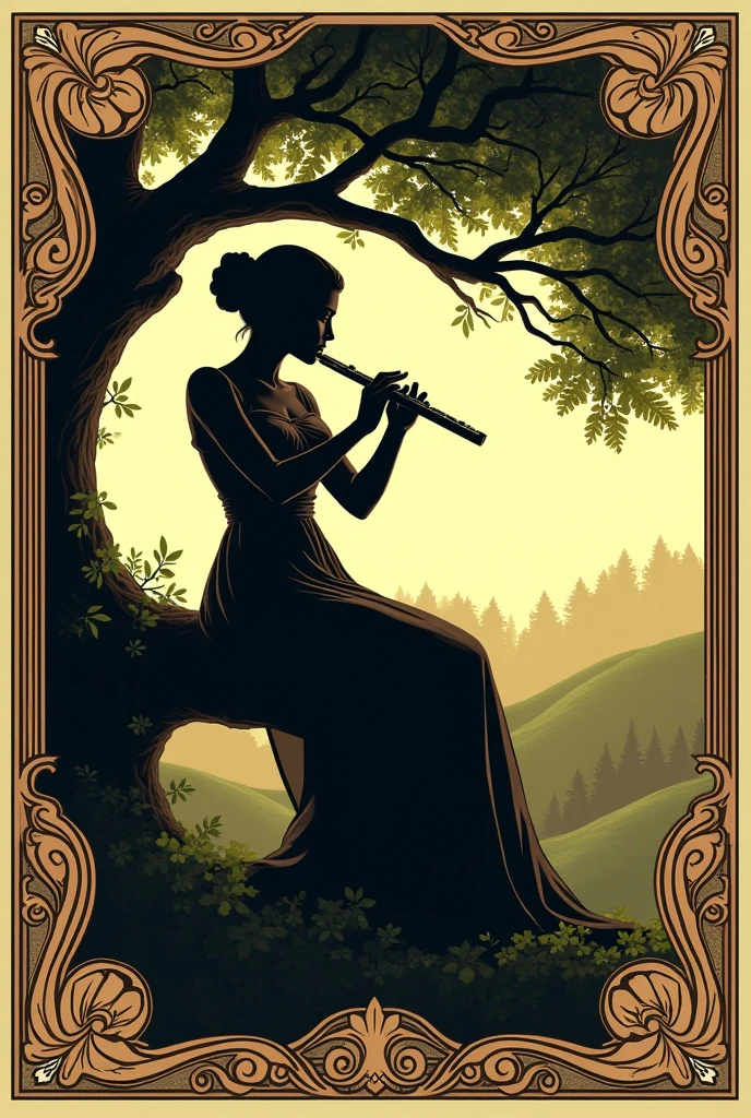 Woman playing the flute with both hands sitting in a tree, Renaissance style.
Very decorated frame, Mucha Style. Seen as a shadow, logo type.