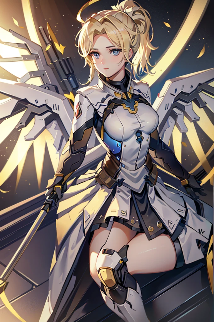 MercyOver, 1girl, mercy (overwatch), mechanical wings, mechanical halo, solo, blonde hair, wings, blue eyes, halo, staff, yellow wings, breasts, bodysuit, holding,, lips, looking at viewer, holding staff, medium breasts, spread wings, glowing wings, nose, high ponytail, ponytail, sitting, portrait, looking at the viewer