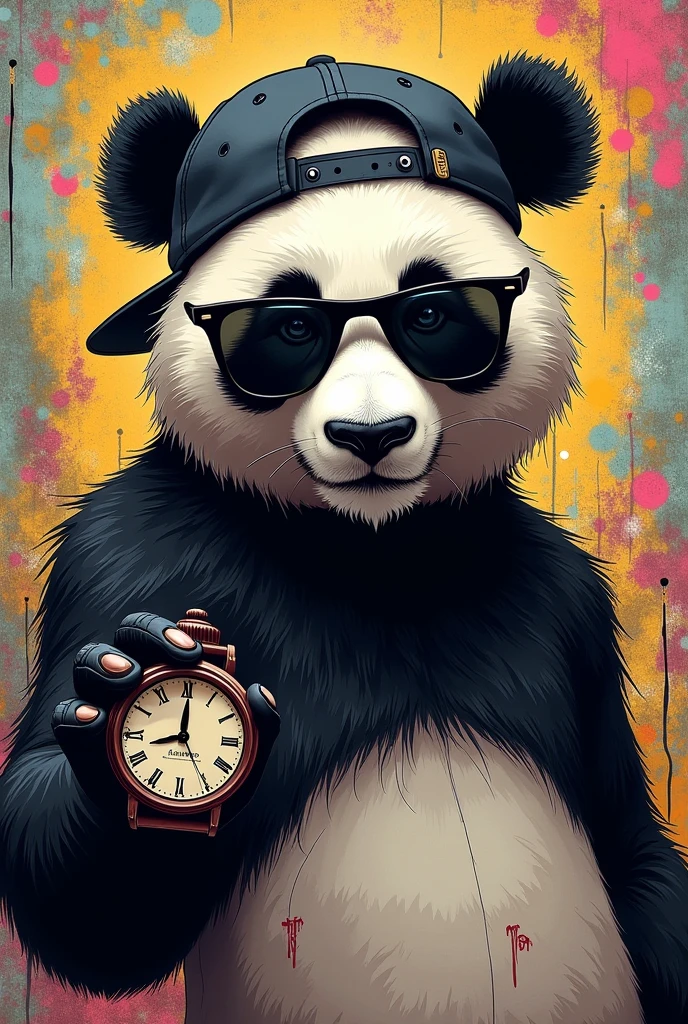 An animated graffiti-style panda wearing black sunglasses with a cap backwards showing his hand with a clock on it