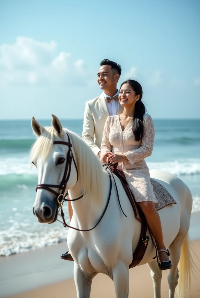 Professional photography of a handsome young Indonesian man and a beautiful Muslim Indonesian woman, riding a white horse , wearing matching formal clothes, with and charming smile, with the background of Kuta Beach, Bali, which is famous for its beautiful panorama, with clear blue sky. ultrahd+ , fullHD, realistic, looks authentic, must be detailed , dramatic scene, SHARP OBJECT FOCUS, no blur