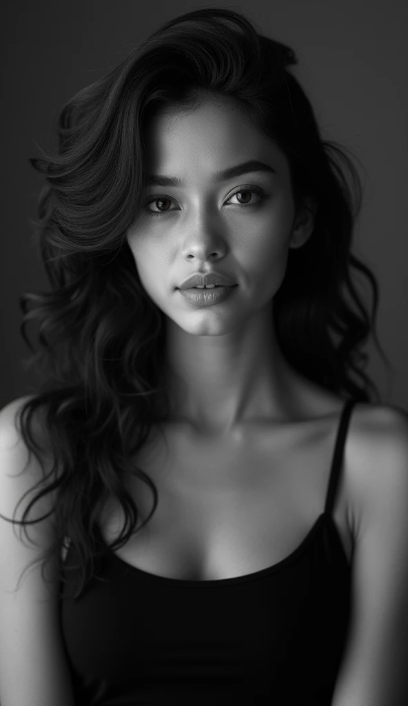 Hot girl with black tank top, Indonesia face, curly long hair, black white photography,
High Resolution, Looking at viewer, Smile, Depth Of Field, Minimalism, Masterpiece,