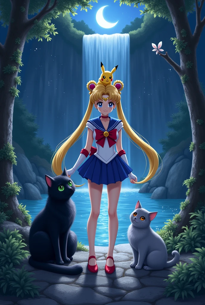 A dark sparkling natural setting with a crescent moon and a waterfall. Sailor Moon is in the middle. On the left sits a fluffy black cat with green eyes. In front of her lies a fluffy grey cat with amber eyes. Little Pikachu sits on her shoulders