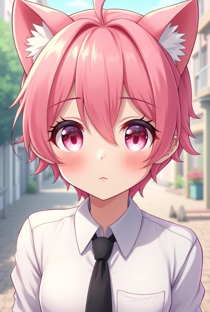 A cat boy with white shirt and  black tie also pink hair Anime pic cute and cute BG and c also hot sharp jawline boy  and handsome bit cuter
Pink 
cat ears  more hot close mouth pink eye