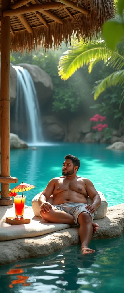 a handsome Indonesian man, slightly chubby, is soaking in a pool in a stunning tropical paradise. There is a pristine turquoise lagoon among large, smooth rocks. Lush greenery and stunning tiarea flowers add to the exotic atmosphere. A soft bath towel embroidered with the name "Nusantara" is nearby. Colorful cocktails with mini umbrellas placed on wooden blocks. A gentle waterfall flows into the lagoon, creating a soothing harmony of sound. An open-air bamboo pavilion with a thatched roof provides a shaded retreat, offering stunning views of the swimming pool and the vibrant exotic jungle beyond. The atmosphere is filled with the soothing sound of flowing water and the alluring aroma of tropical flowers, creating a beautiful setting for the name "IRAWAN".