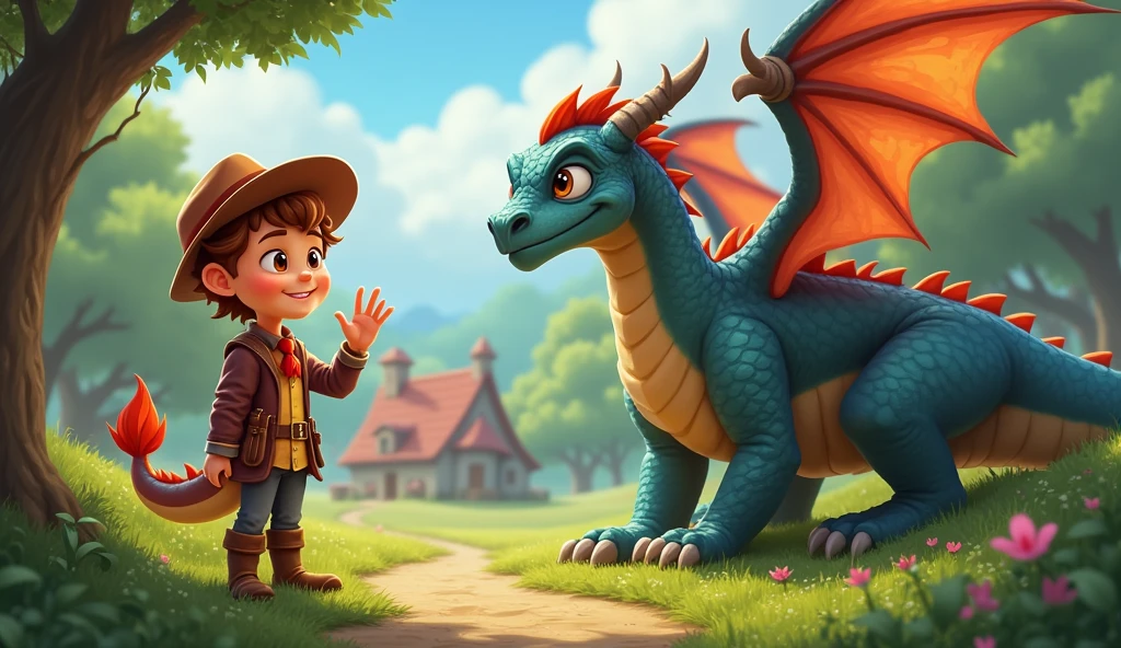 Sammy waving goodbye to the dragon family and heading back to Willowbrook with a smile.]