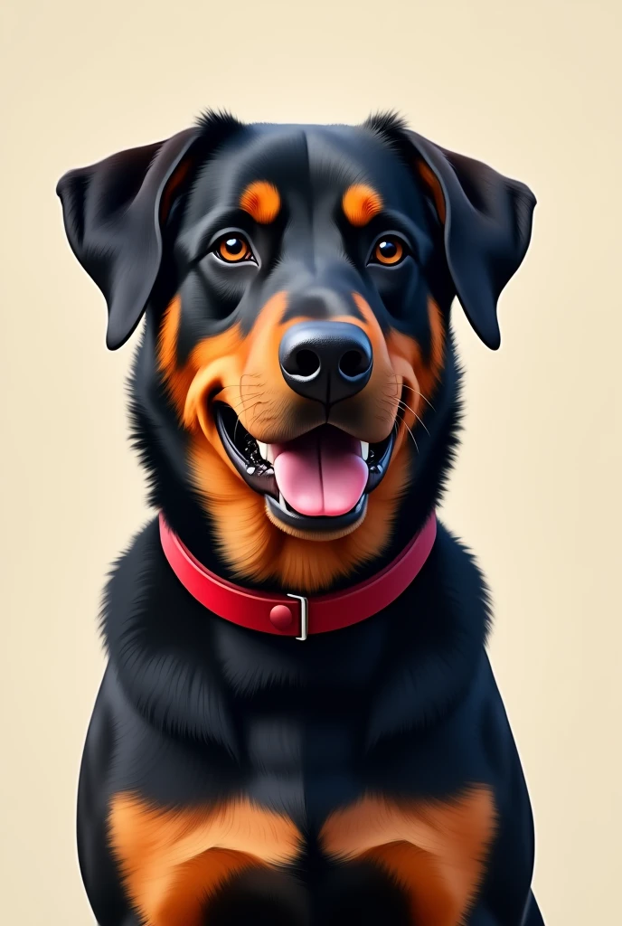 Realistic illustration of a rottweiler dog mixed with a German shepherd, has a red collar, Friendly face, has drooping ears.


