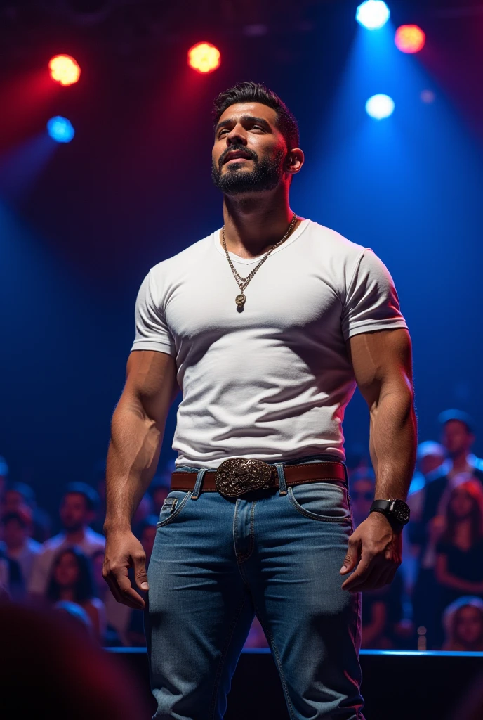 A handsome mature Puerto Rican boy with a beard wearing tight blue jeans and a white printed t-shirt with a tight cowboy belt buckle, looking like a muscular model singing a song on stage having perfect protruding bulge and . and your figure is so stunning..