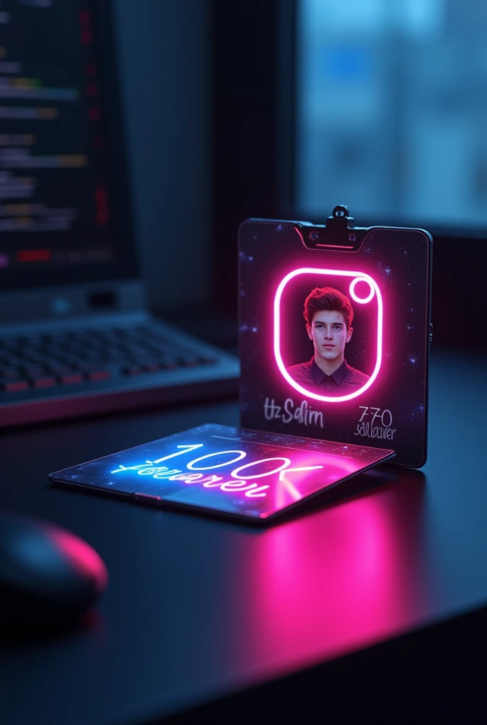 creat a instagram profile and glass id card on a black desk displaying instagram logo and realistic profile photo of a age boy in circle and " itz.salim.770 " is written in bold fonts under the profile photo and "100k follower" written the instagram card is glowing in pink and blue color on the edge, instagram profile