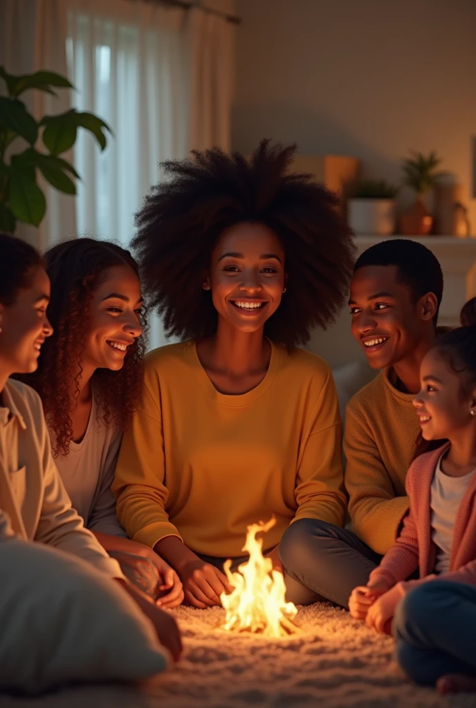 A young black woman in a cozy setting, smiling and interacting with friends and family.