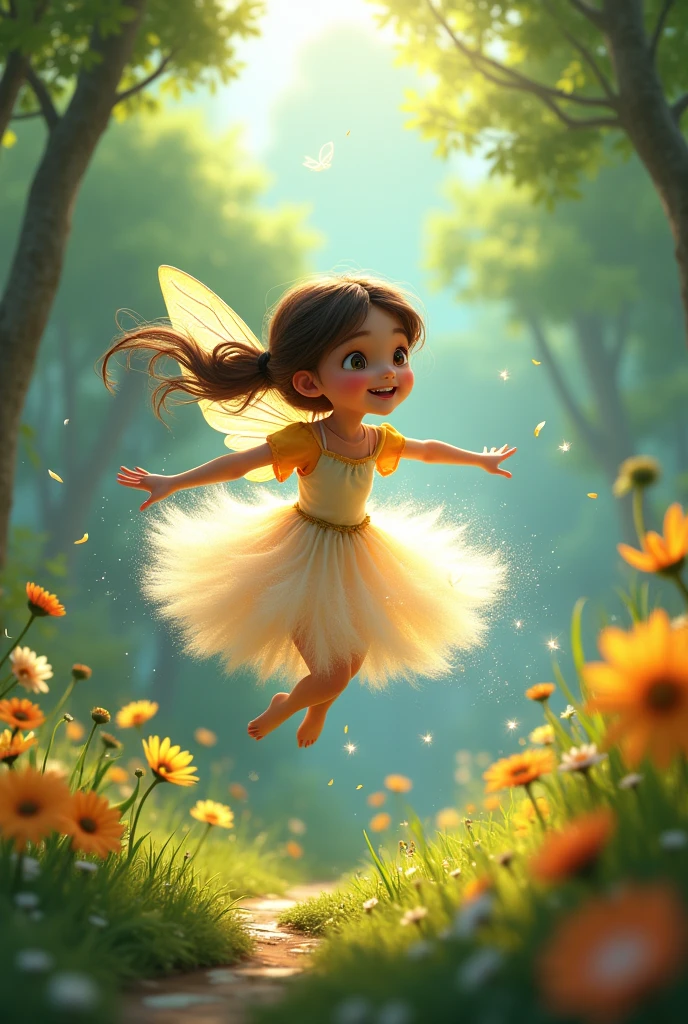 Ria a young  and the Fairy playing together: Imagine a scene where Ria the young girl and the fairy are flying on a dandelion seed through the garden.I am animated characters 