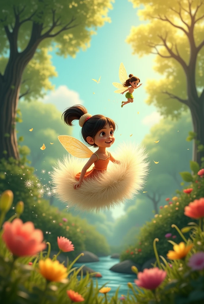 Ria a young and the Fairy playing together: Imagine a scene where Ria the young girl and the fairy are flying on a dandelion seed through the garden.I am animated characters