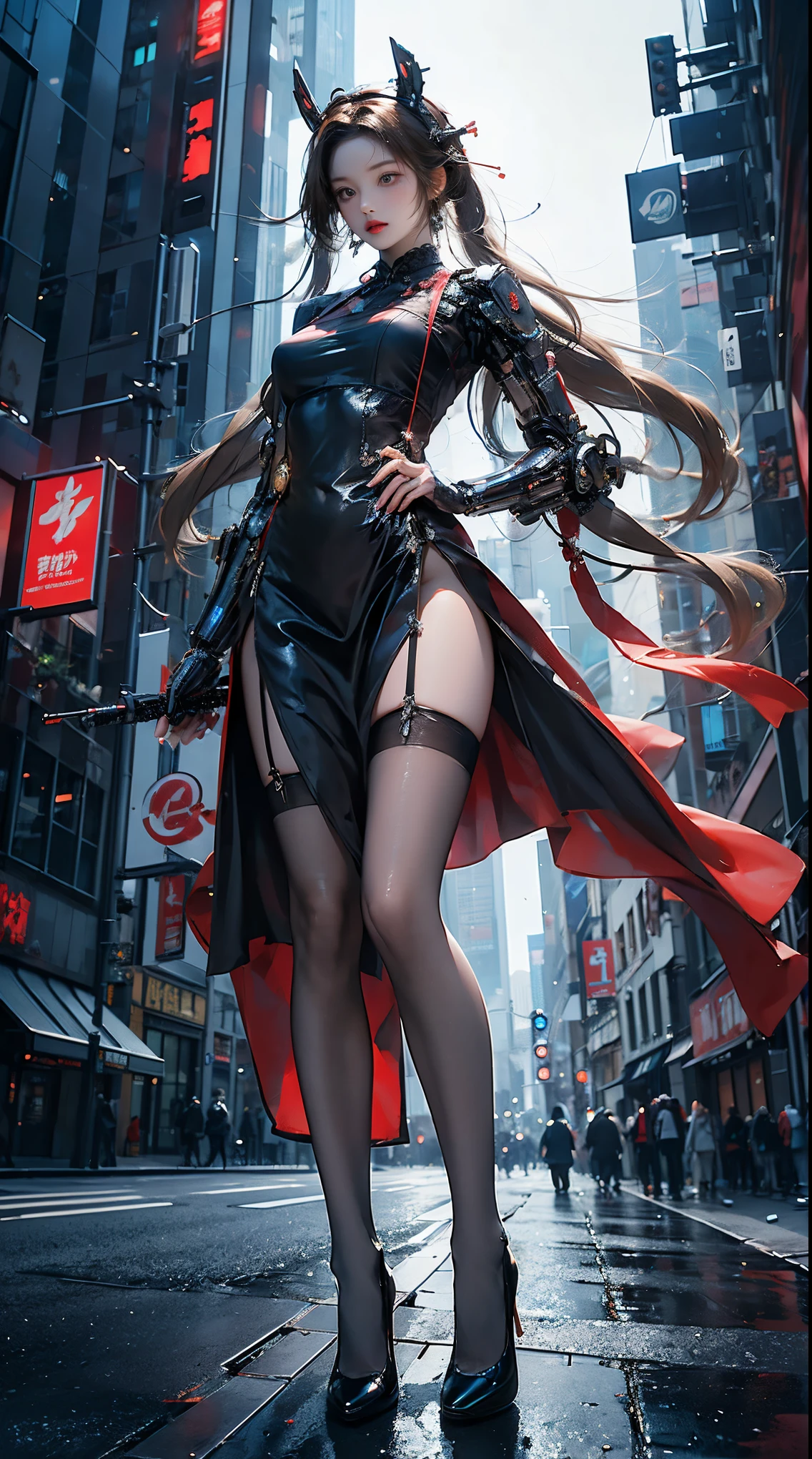 Masterpiece, best quality, high resolution, one woman, from below, very thin and straight legs, very long legs, straight legs, high heels, long legs, perfect body with perfect legs, front view showing long legs, perfect body, exterior, telegraph slang, dynamic pose, exquisite eyes, brown eyes, eye shadow, wearing makeup, long blonde hair, detailed face, detailed eyes, looking at viewer, blusher (wearing makeup), plump lips, red lips, long gray hair (1.3), mechanically static, summon mech, headdress (1.1), headgear, dressed like a student in , black lace stockings, stocking suspenders, city, luminous winding, with a gun in hand, weapon, completely mechanical and futuristic elements, technology, background is modern New York City streets with cars passing by, sky, slim (1.2), dramatic lighting, vivid details.